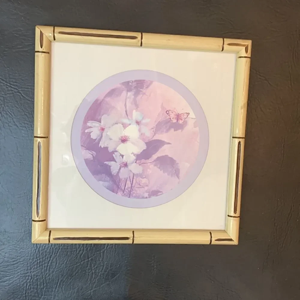 Bamboo Framed Floral Butterfly Prints 11 In Square Set 2 Included Wall Hanging